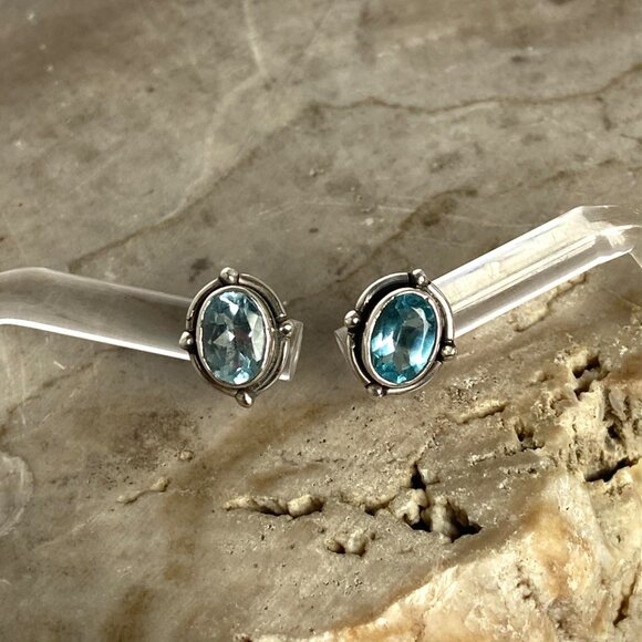 Sterling Silver 925 Dainty Bezel Set Oval Blue Cubic Zirconia CZ Stud Earrings - Picture 2 of 16